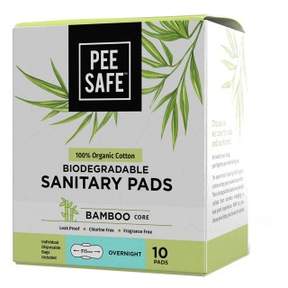 PEE SAFE 100% ORGANIC COTTON  BIODEGRADABLE SANITARY PADS   OVERNIGHT (PACK OF 10)