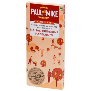 PAUL AND MIKE 64% MILD DARK CHOCOLATE WITH CRUMBLEDáITALIAN PIEDMONT HAZELNUT